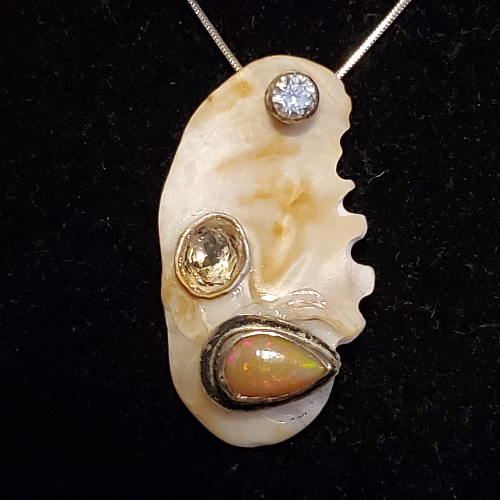 Carved shell with sterling silver,  opal, citrine, strontium crystal necklace